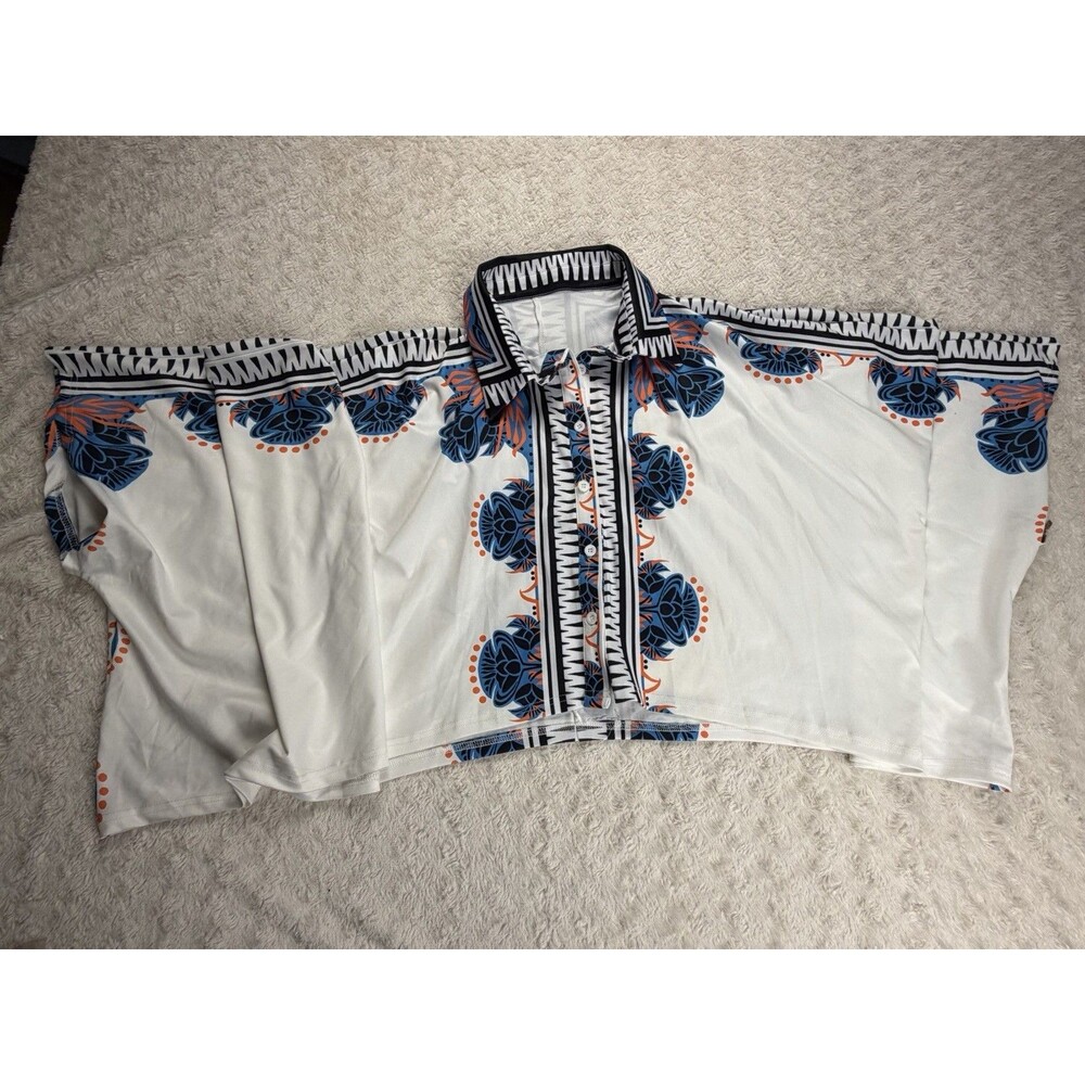 XL Floral Collared Button Blouse Short Sleeve White Blue Orange Black Women's
